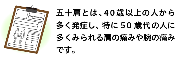 五十肩とは、40歳以上の人から多く発症し、特に50歳代の人に多くみられる肩の痛みや腕の痛みです。
