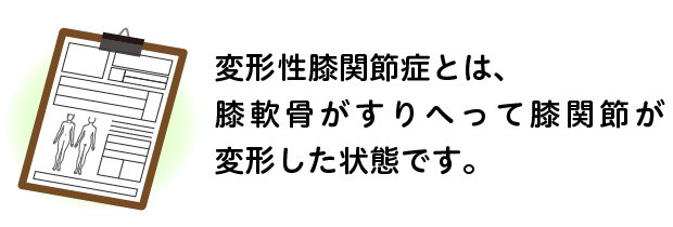 変形性膝関節症とは、膝軟骨がすりへって膝関節が変形した状態です。