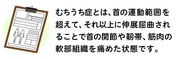 むちうち症とは、首の運動範囲を超えて、それ以上に伸展屈曲されることで首の関節や靭帯、筋肉等の軟部組織を傷めた状態です。